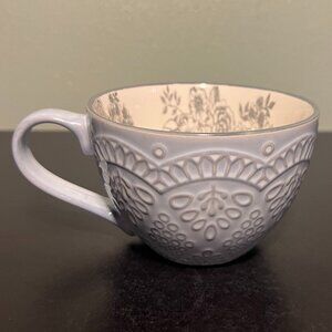 Soft Blue Wide-Mouth Cup Mug w/ Embossed Floral Design & Interior Floral Pattern